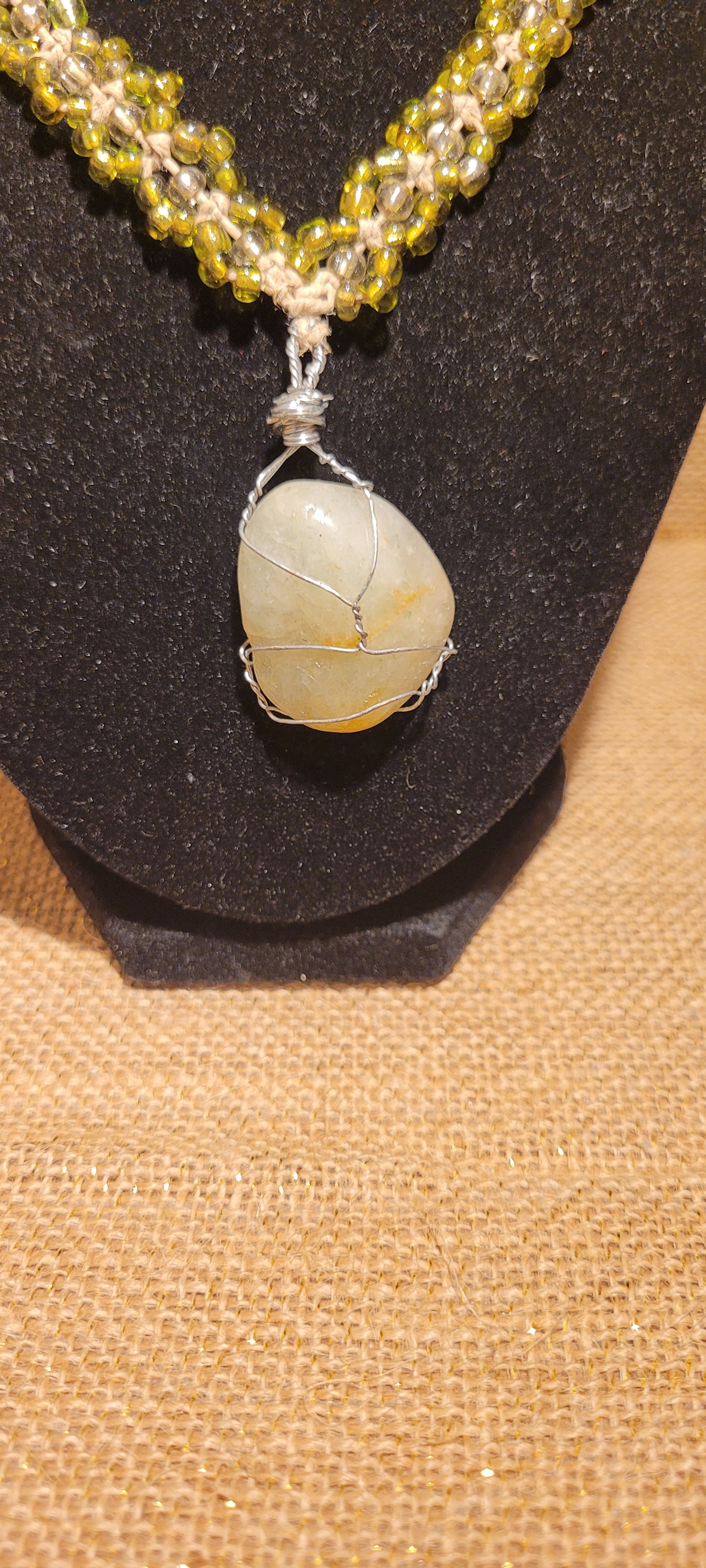 Hand-Woven Hemp & Glass Bead Aventurine Pendant