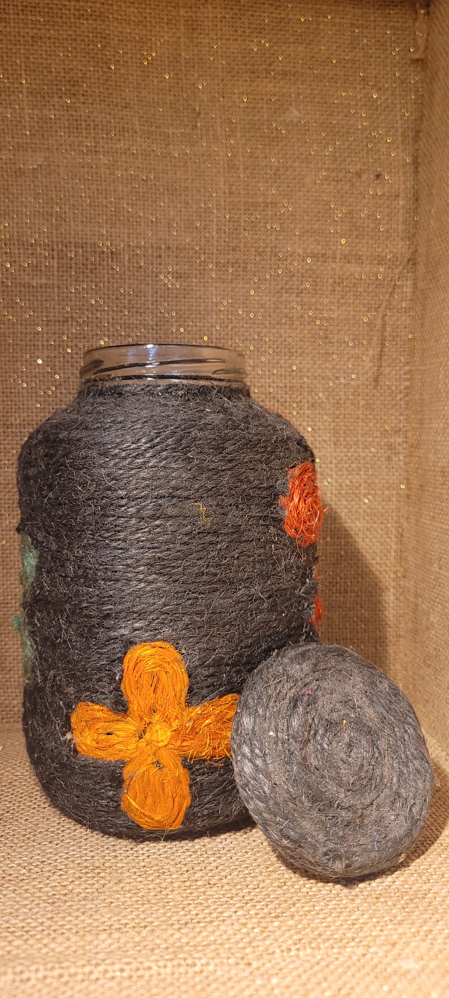 Hand-Wrapped Floral Jute Jar – Recycled Glass Decor