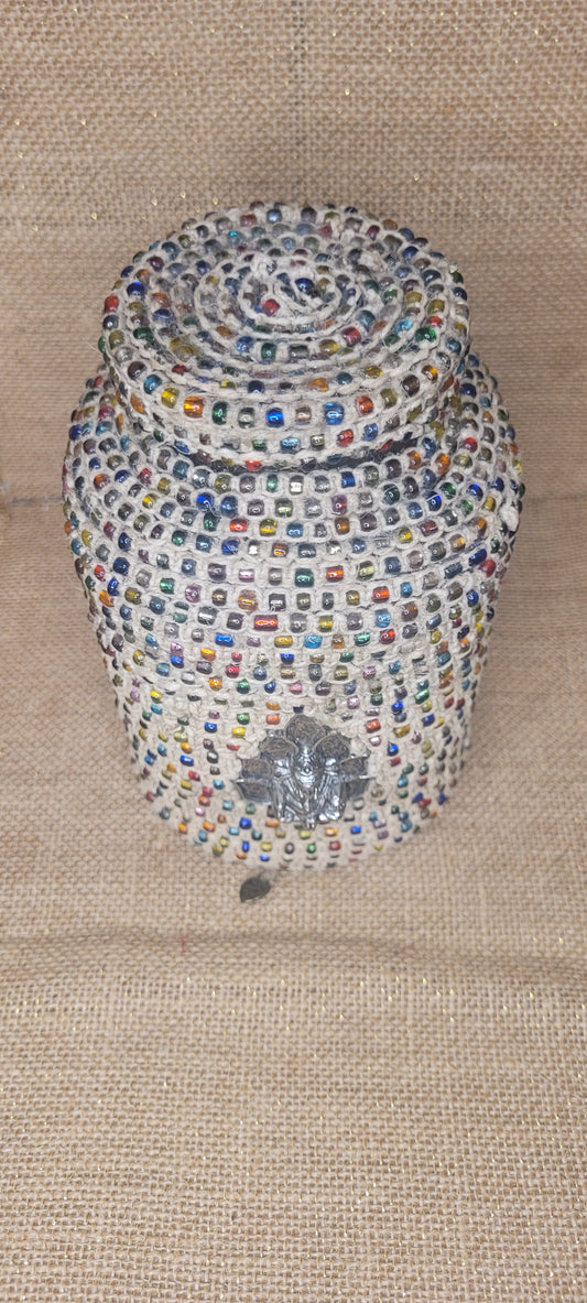 Artisan-Crafted Beaded Hemp Jar with Ganesha Pendant