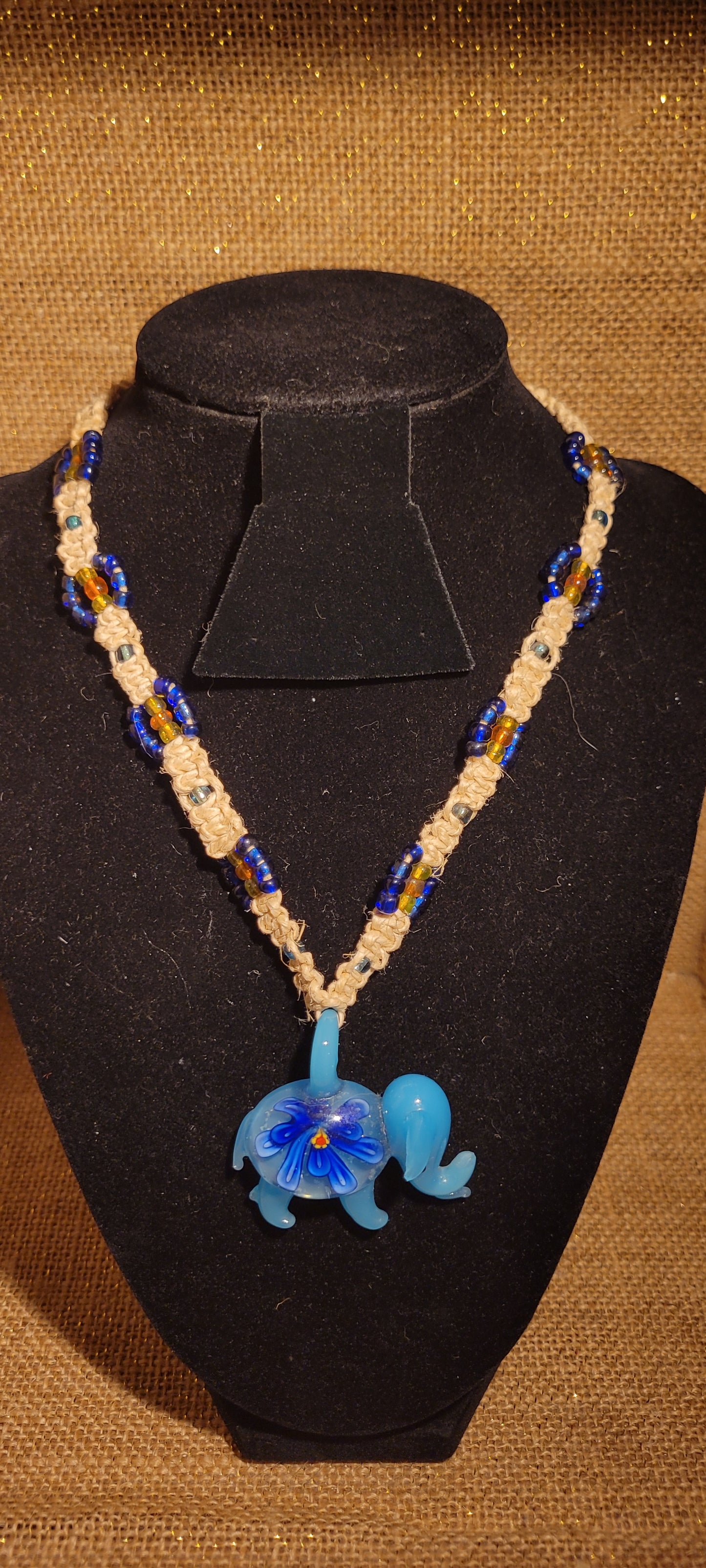 Artisanal Blue Elephant & Hand-Woven Hemp Pendant Necklace