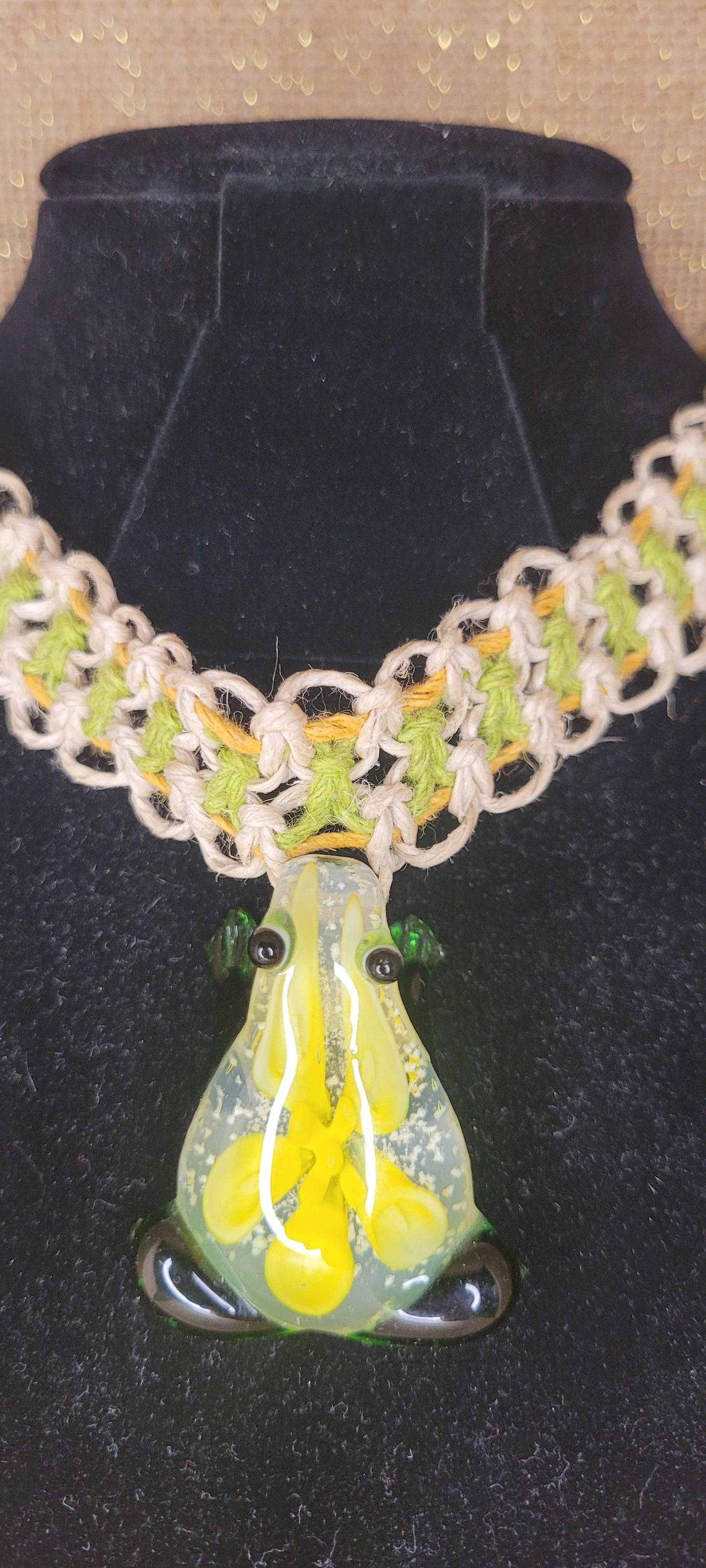 Handwoven Hemp Frog Pendant Choker