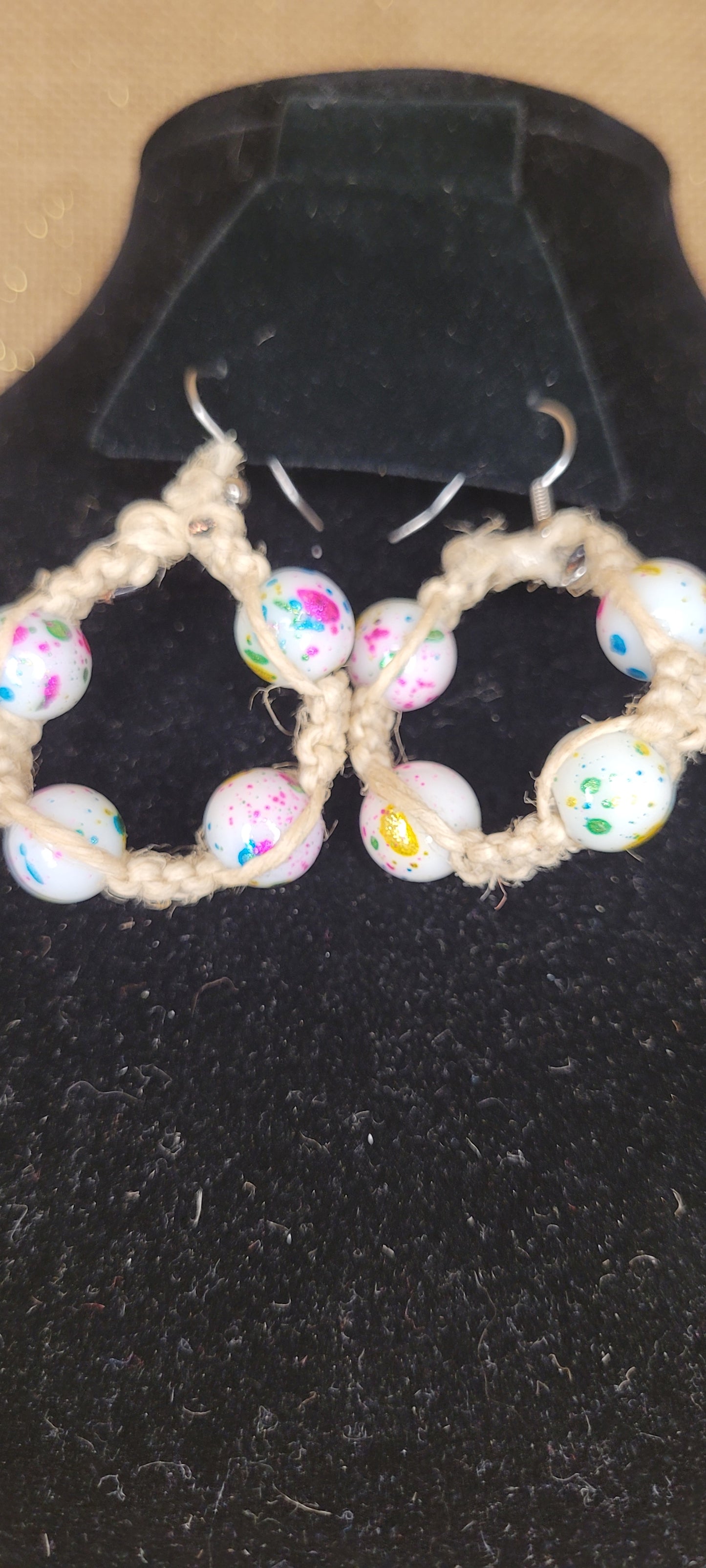 Handwoven Hemp Hoop Earrings with Confetti Glass Beads