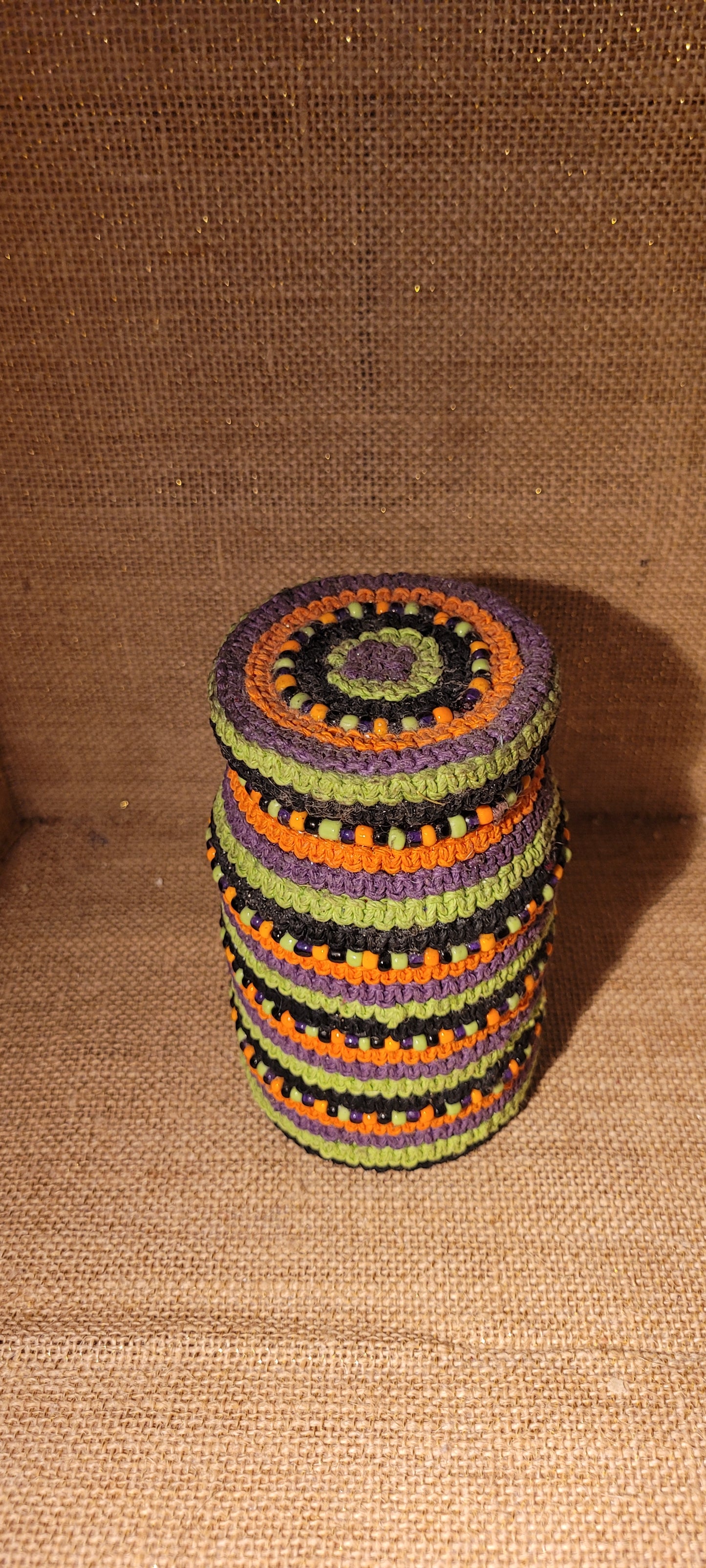 Hand-Woven Hemp Jar with Colorful Bead Accents – Recycled Glass Decor