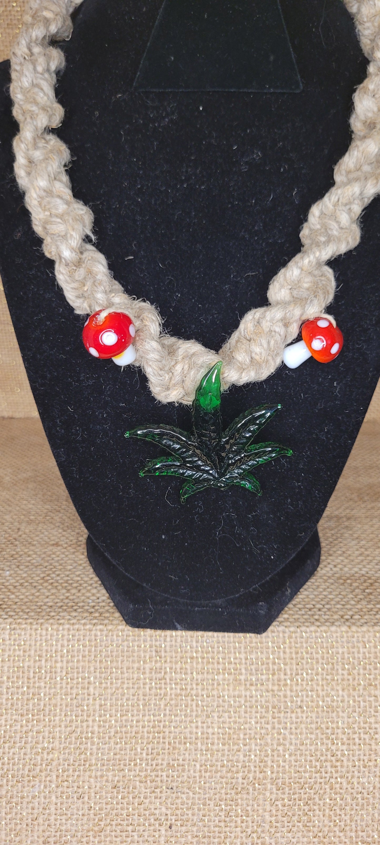 Handwoven Hemp, Glass Leaf & Mushroom Necklace