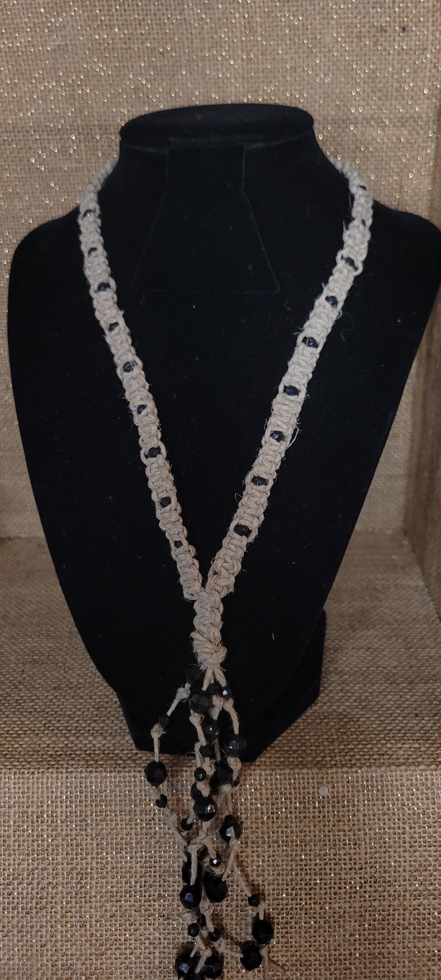 Artisanal Hemp & Onyx-Tone Beaded Necklace