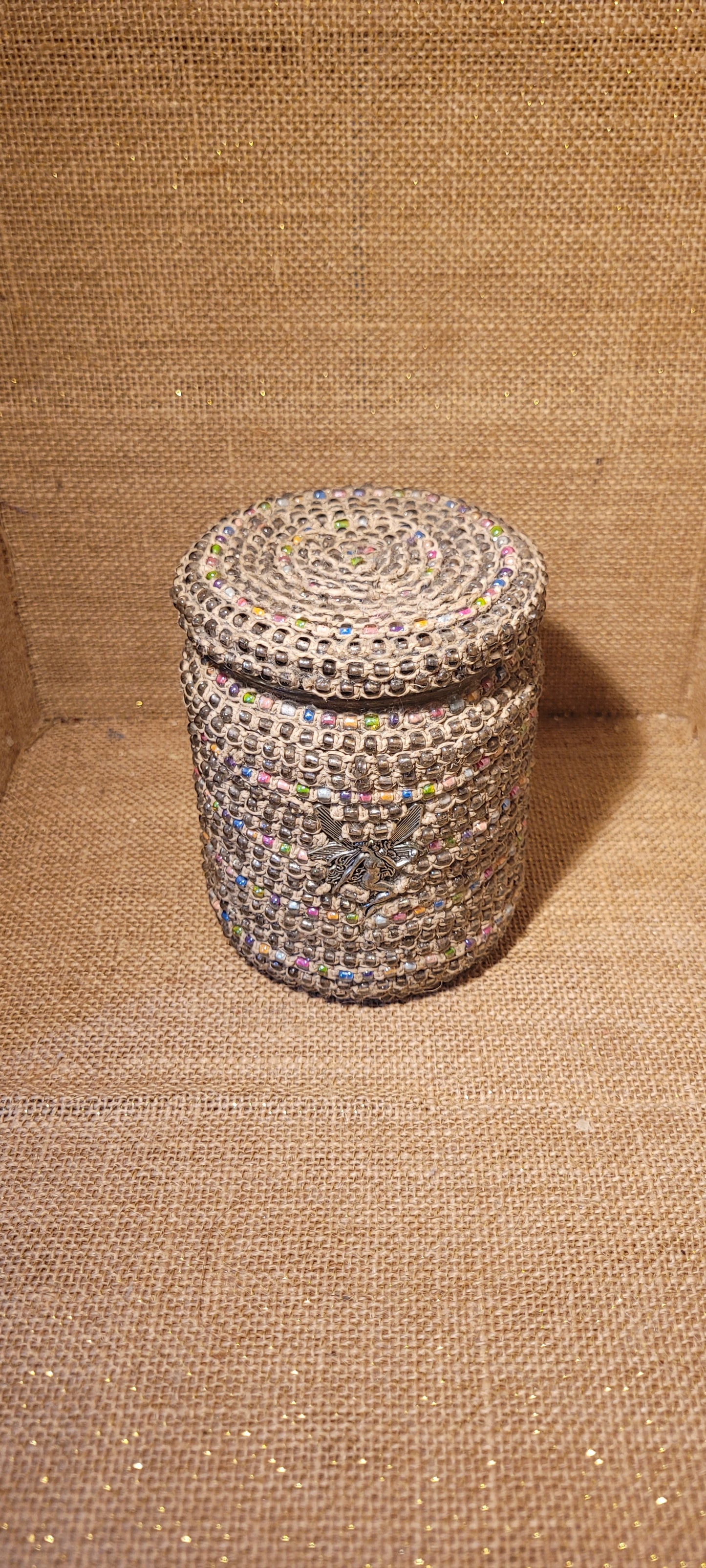 Artisanal Beaded Hemp & Fairy Charm Upcycled Vessel
