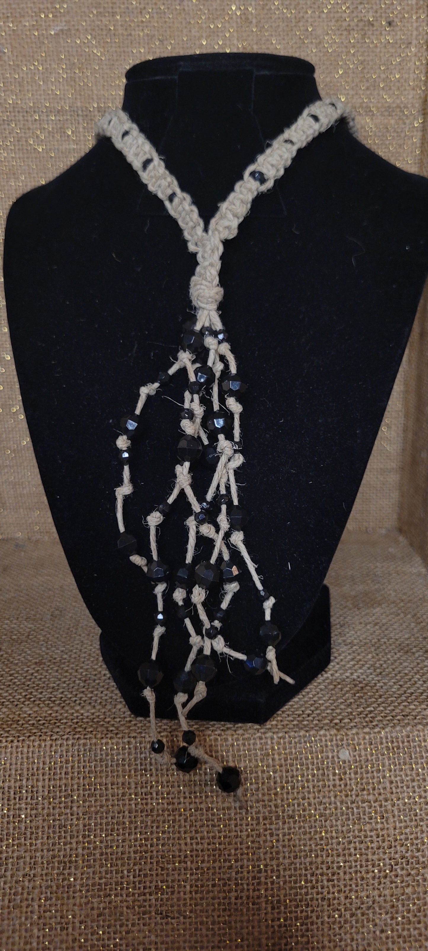 Artisanal Hemp & Onyx-Tone Beaded Necklace