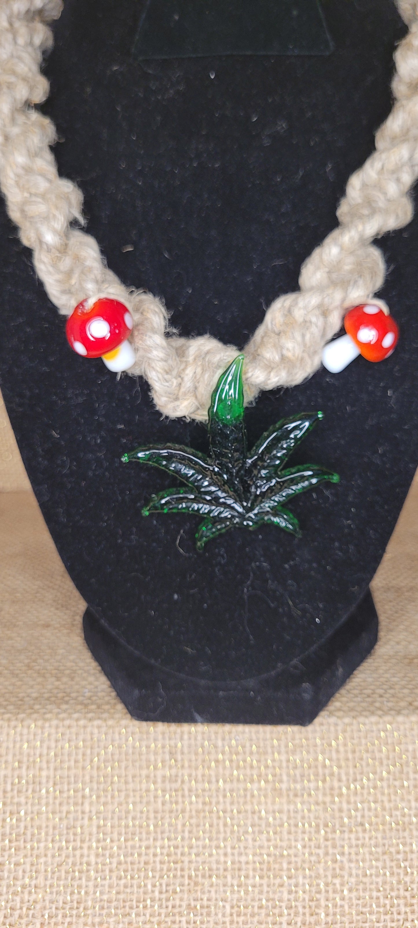 Handwoven Hemp, Glass Leaf & Mushroom Necklace