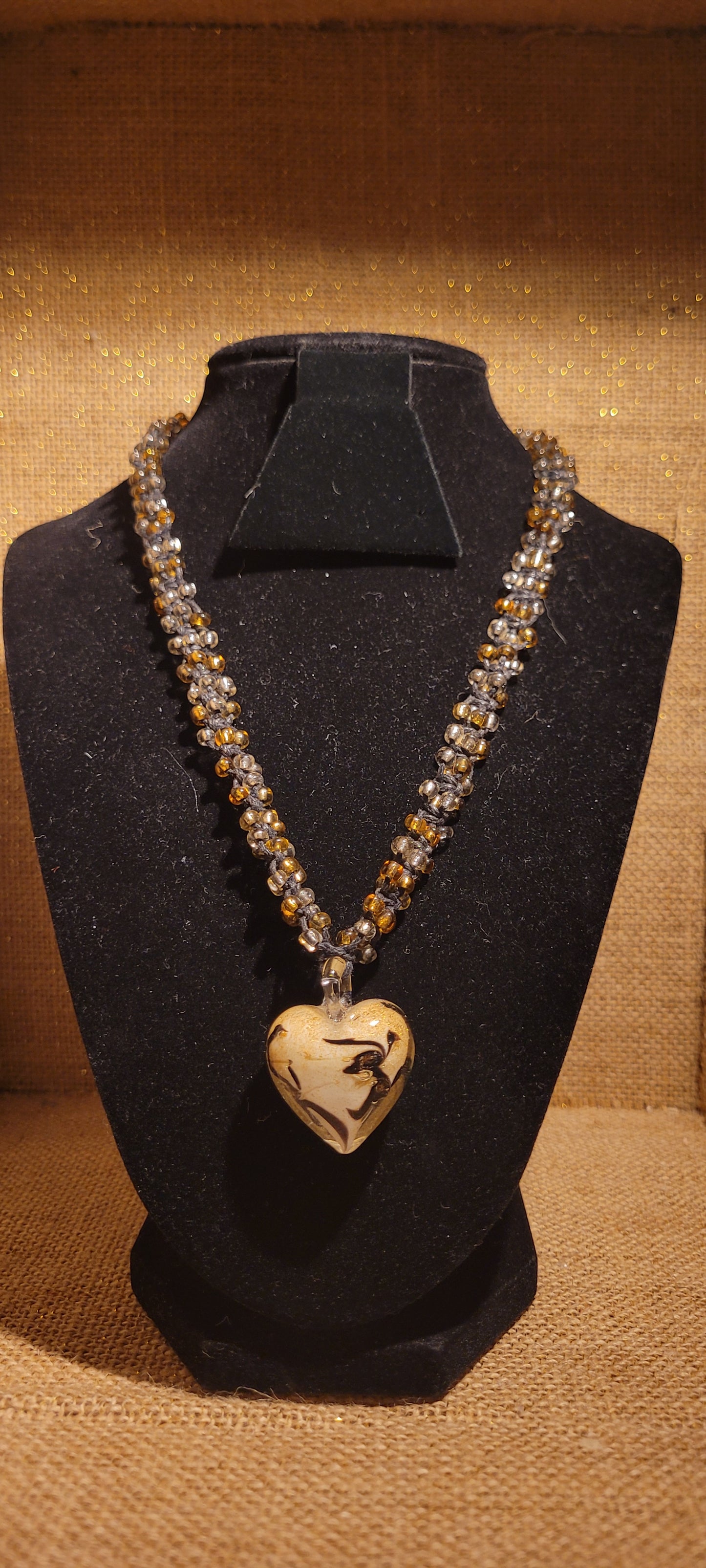 Artisanal Glass Heart & Hand-Woven Hemp Pendant Necklace