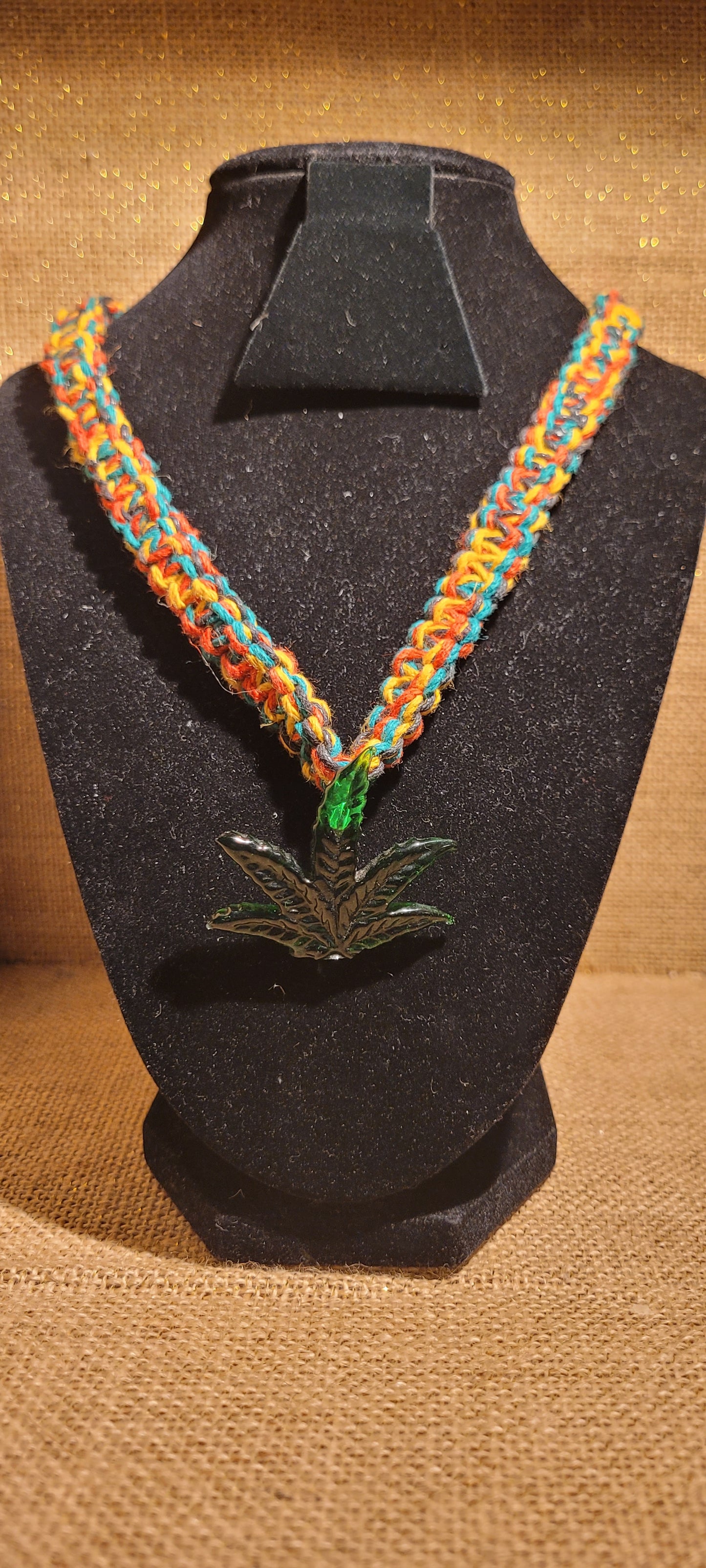 Artisanal Rosta Hemp Necklace with Glass Botanical Pendant