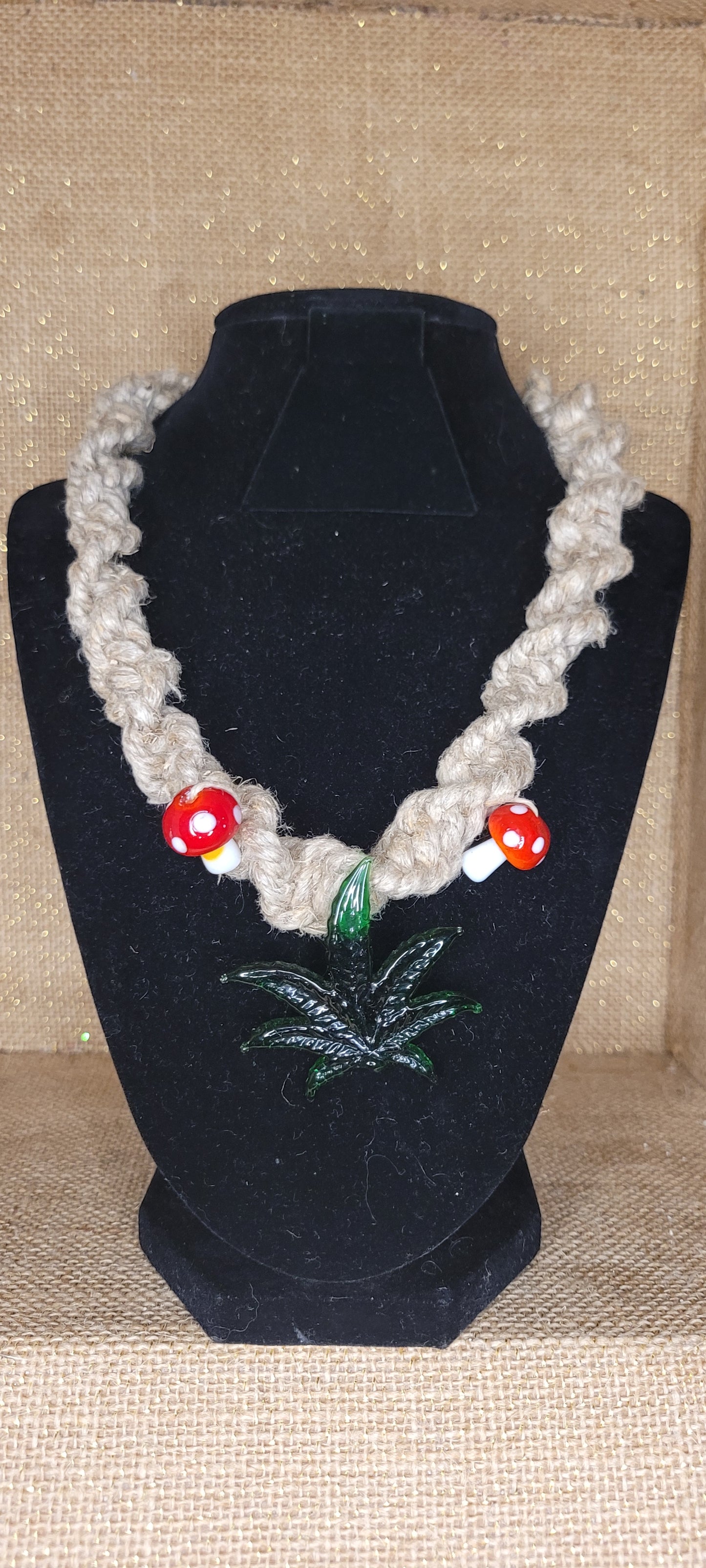 Handwoven Hemp, Glass Leaf & Mushroom Necklace