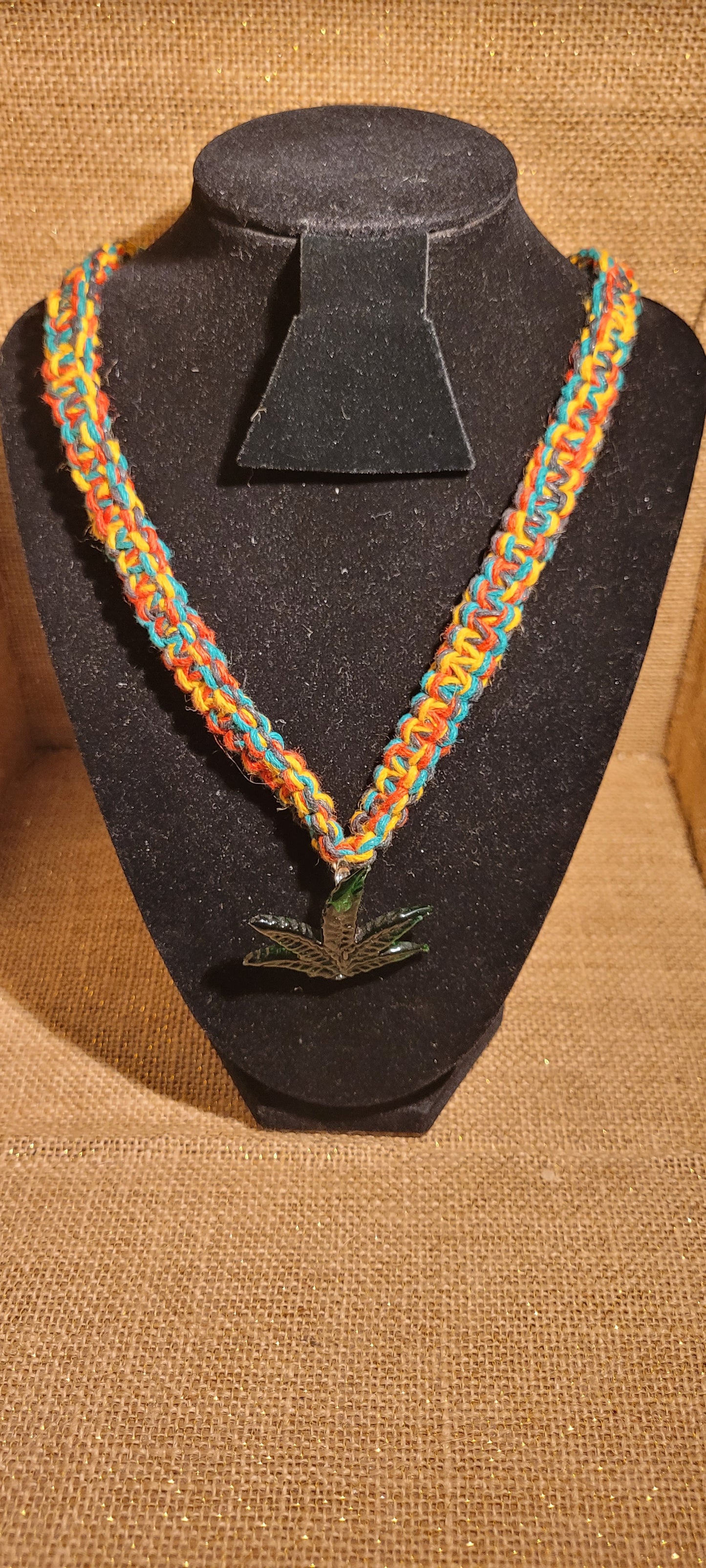 Artisanal Rosta Hemp Necklace with Glass Botanical Pendant