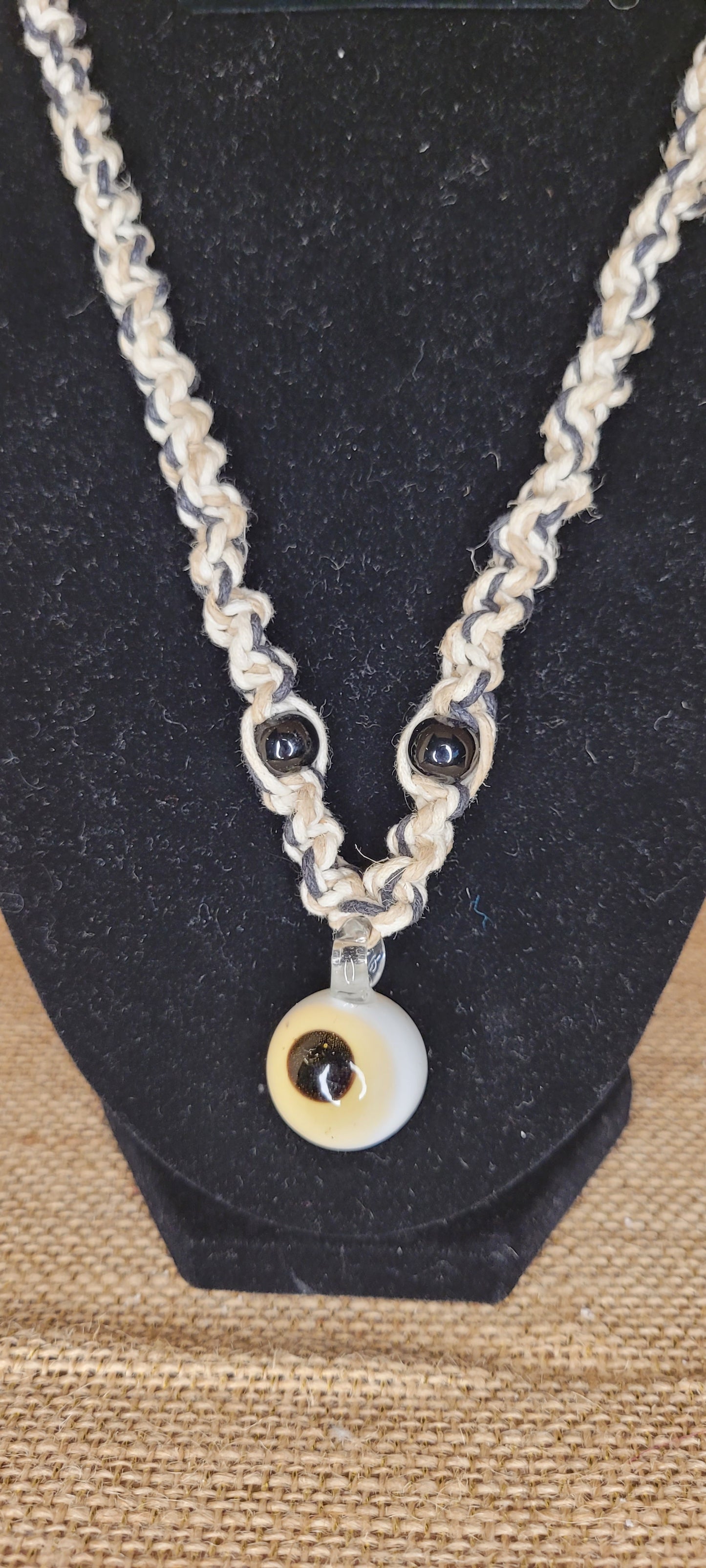 Hand-Woven Hemp and Glass Eyeball Pendant Necklace