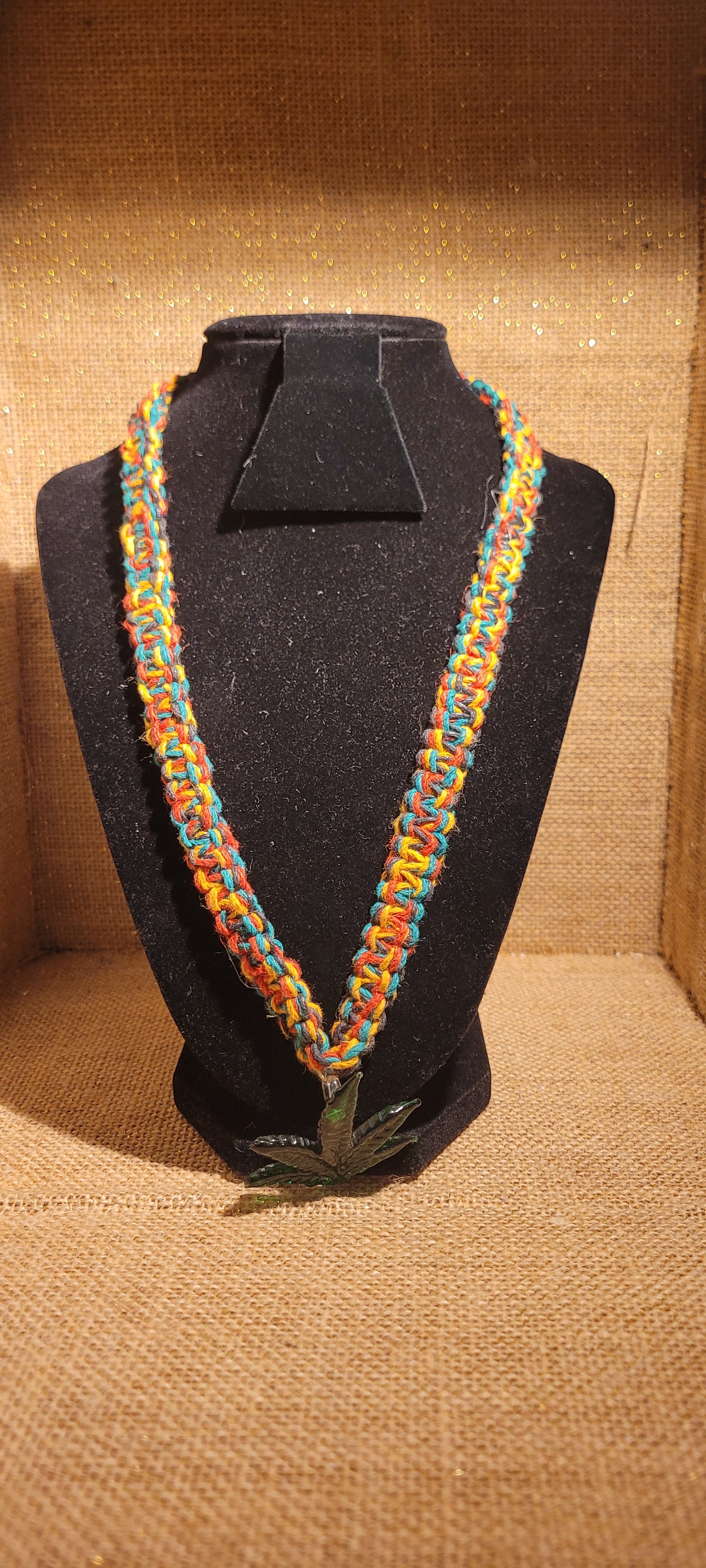 Artisanal Rosta Hemp Necklace with Glass Botanical Pendant
