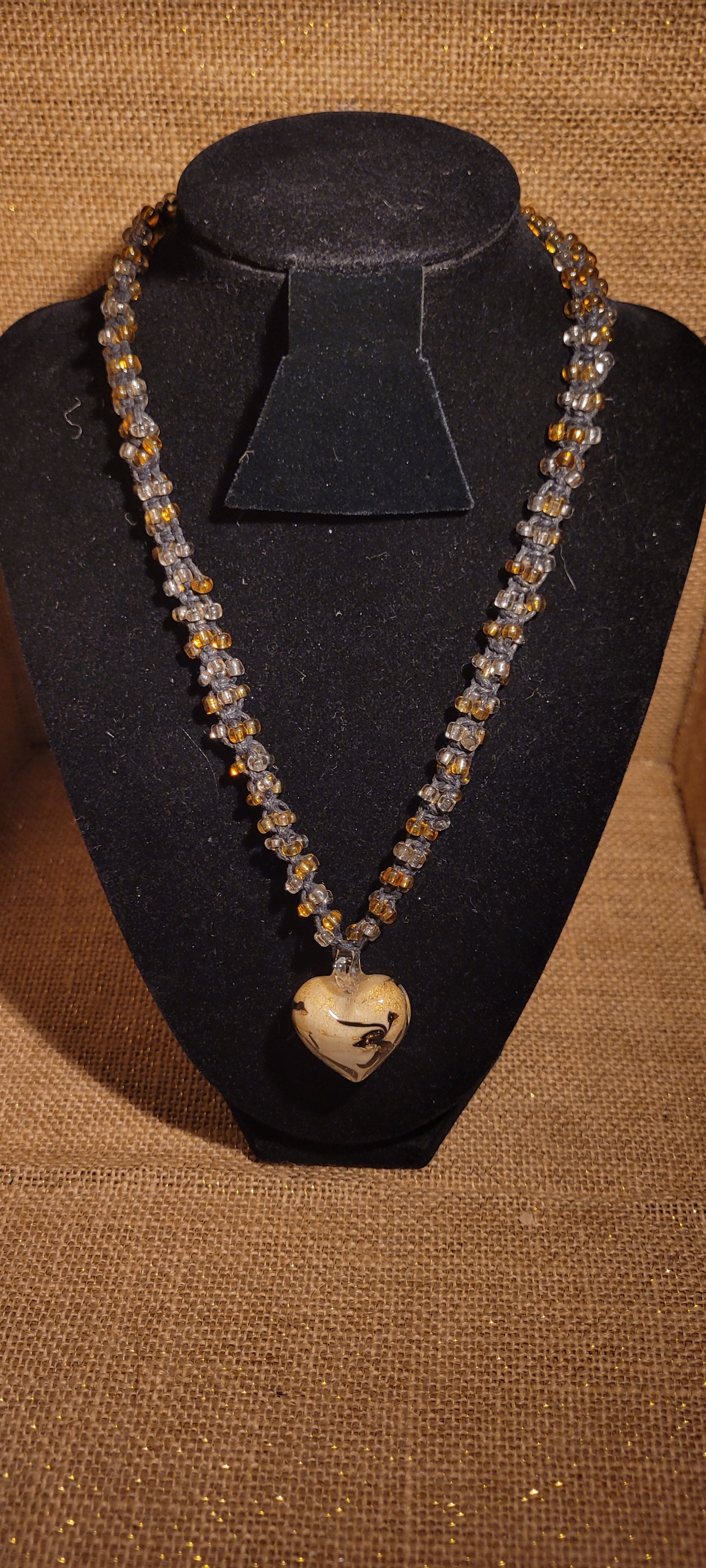 Artisanal Glass Heart & Hand-Woven Hemp Pendant Necklace