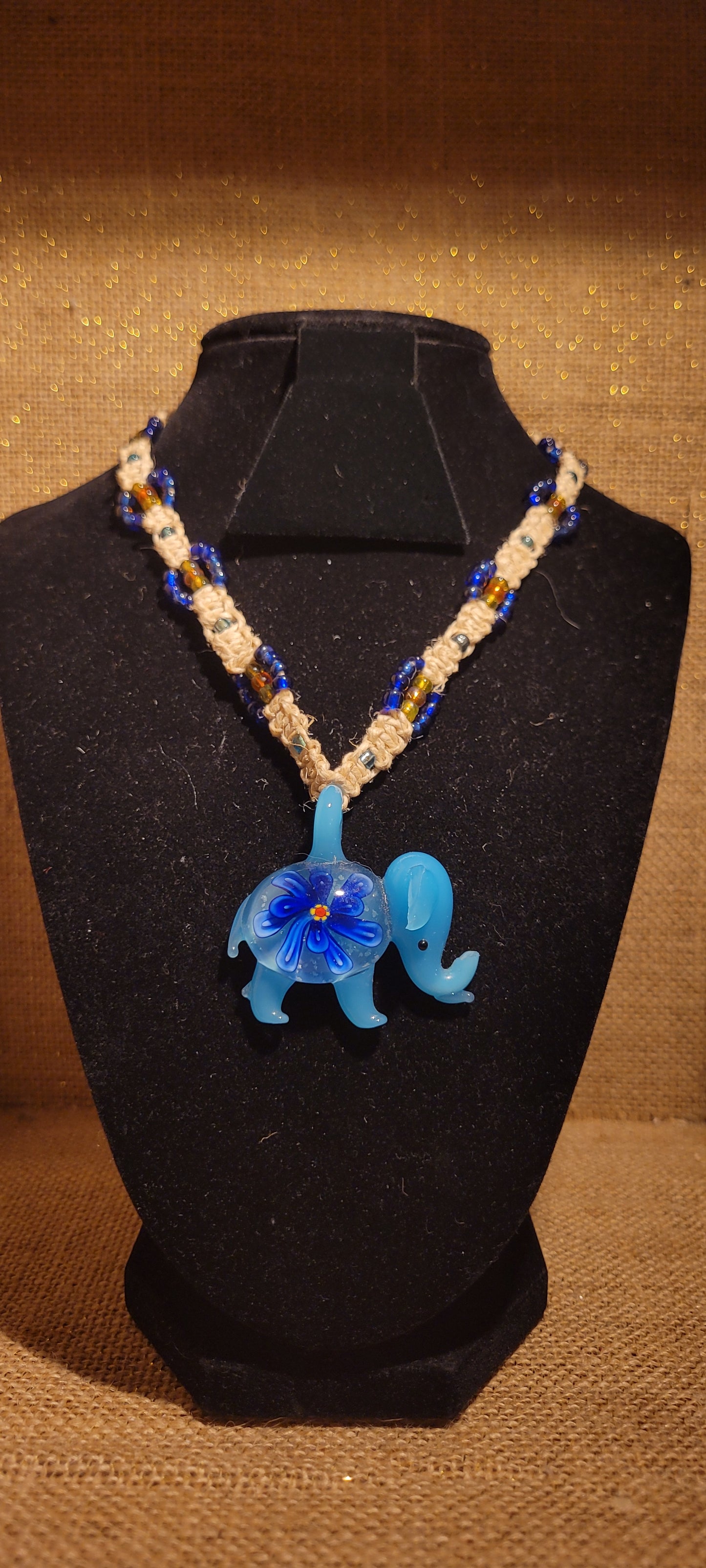 Artisanal Blue Elephant & Hand-Woven Hemp Pendant Necklace