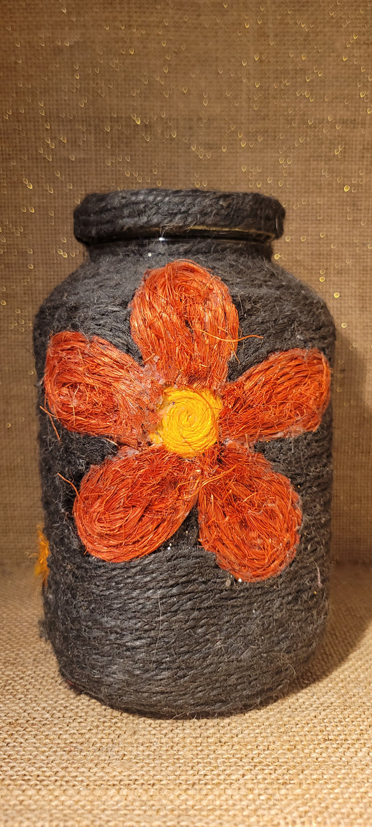 Hand-Wrapped Floral Jute Jar – Recycled Glass Decor