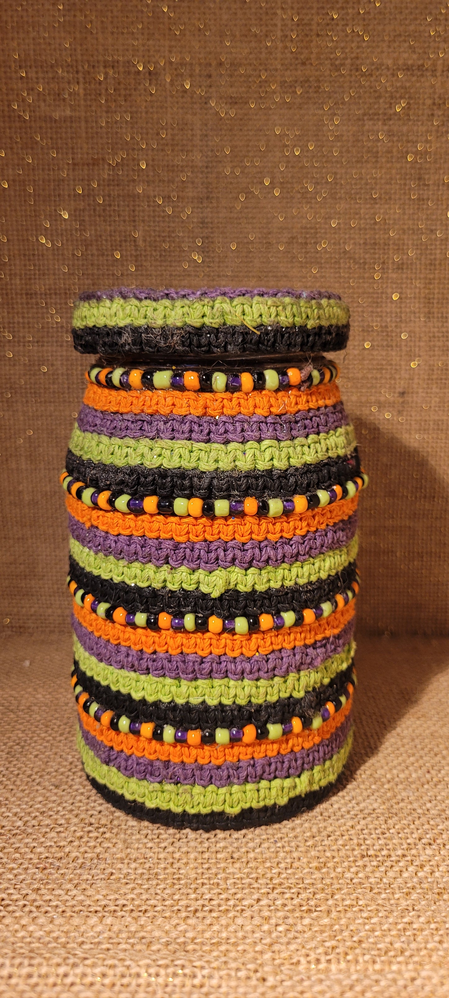 Hand-Woven Hemp Jar with Colorful Bead Accents – Recycled Glass Decor