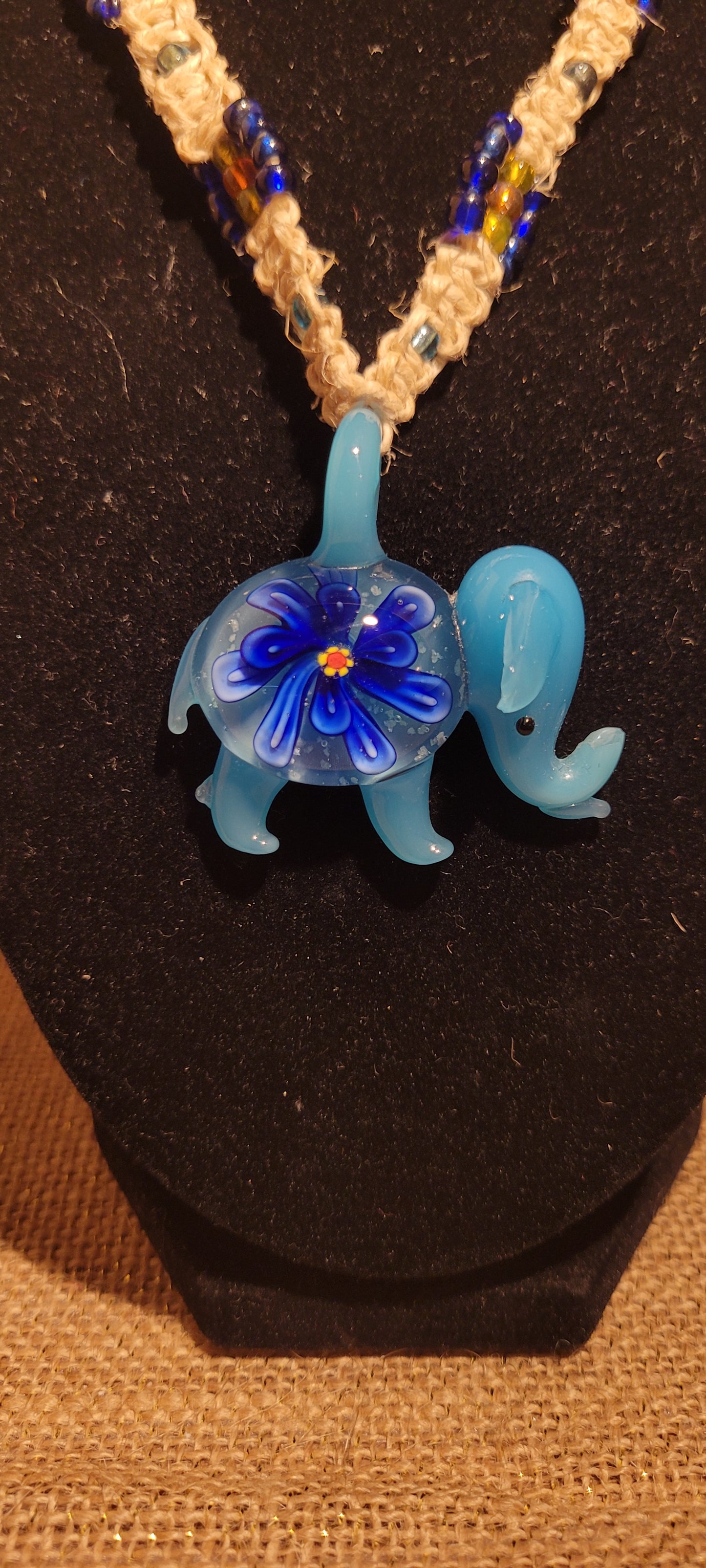 Artisanal Blue Elephant & Hand-Woven Hemp Pendant Necklace