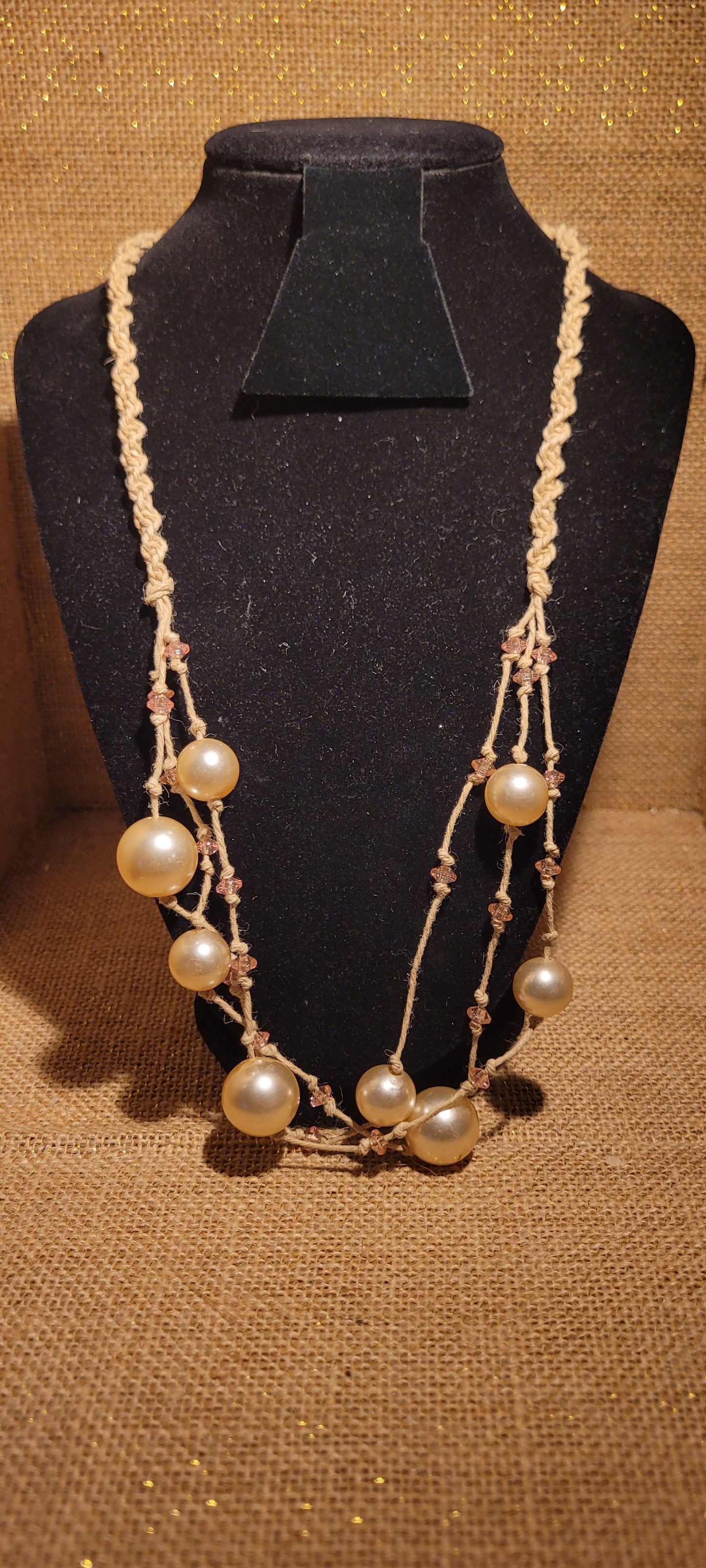 Artisanal Pearl & Rose Quartz-Tone Hemp Necklace