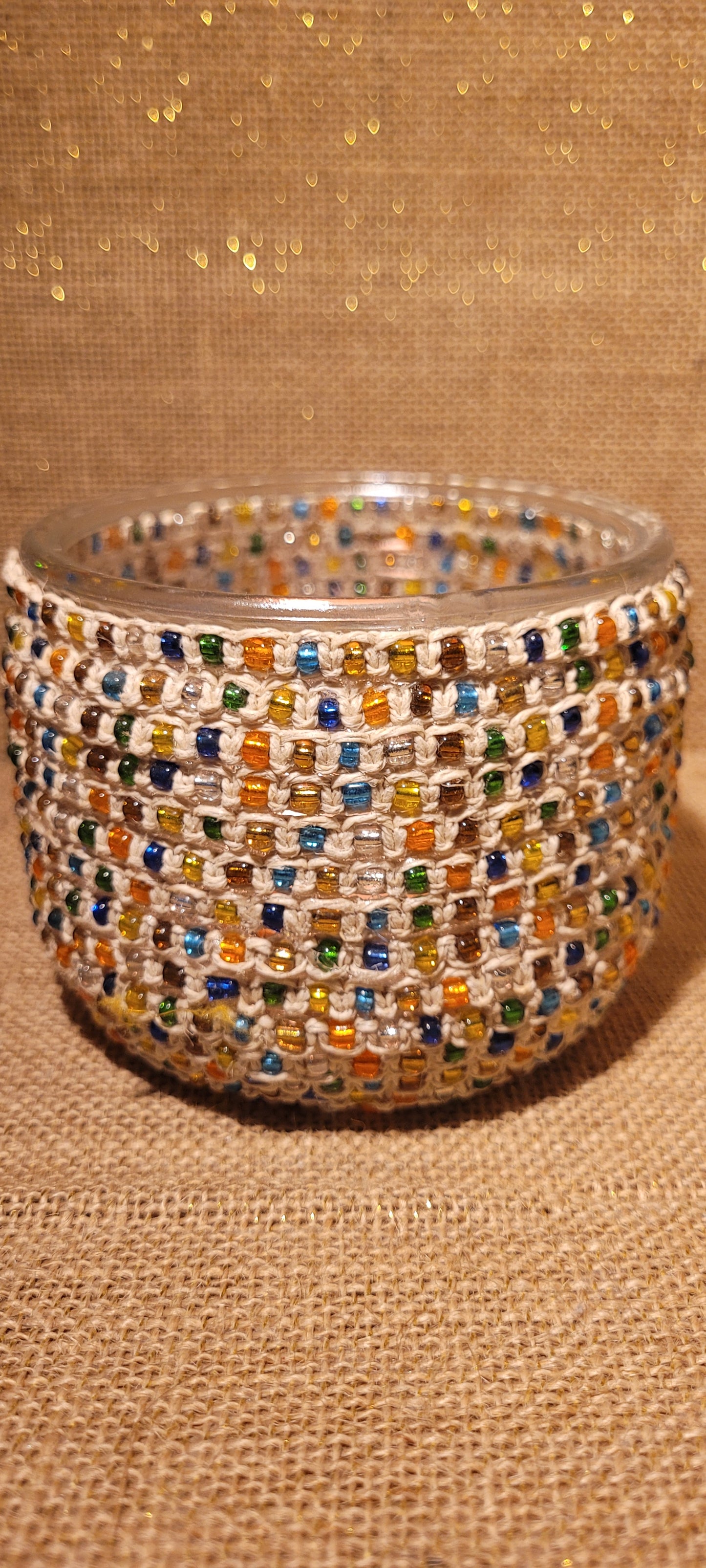 Artisanal Beaded Hemp Votive: Three-Wick Radiant Glassware