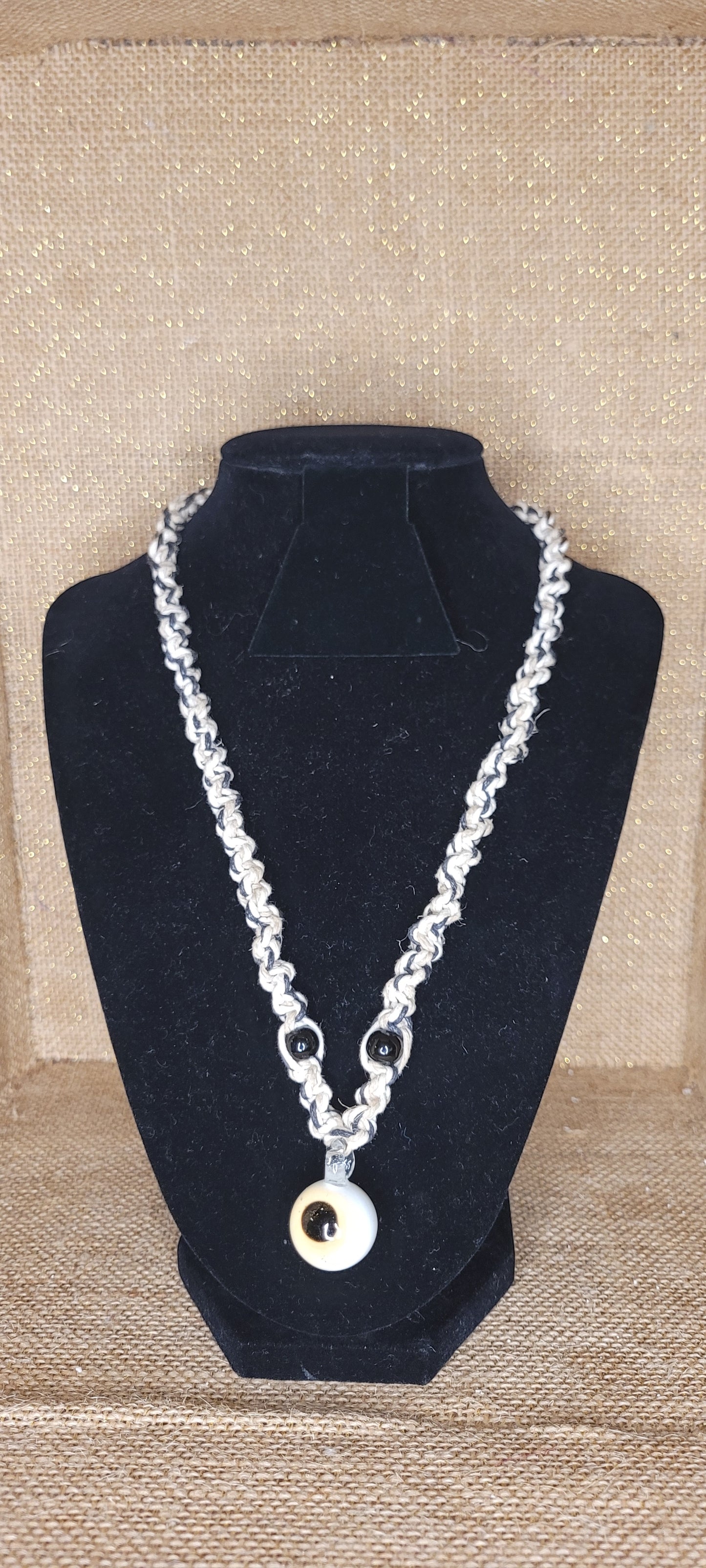 Hand-Woven Hemp and Glass Eyeball Pendant Necklace