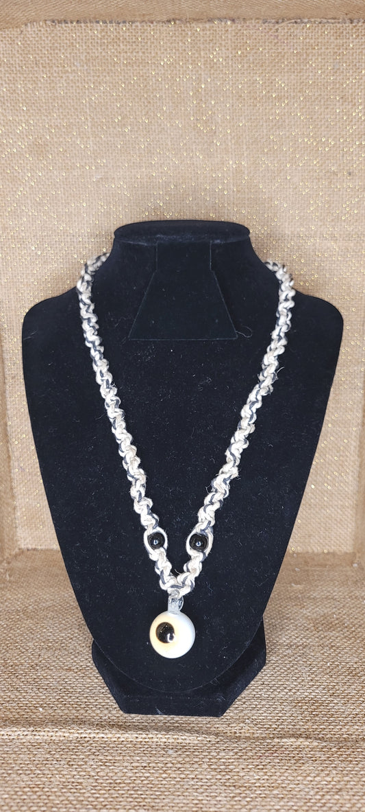 Hand-Woven Hemp and Glass Eyeball Pendant Necklace