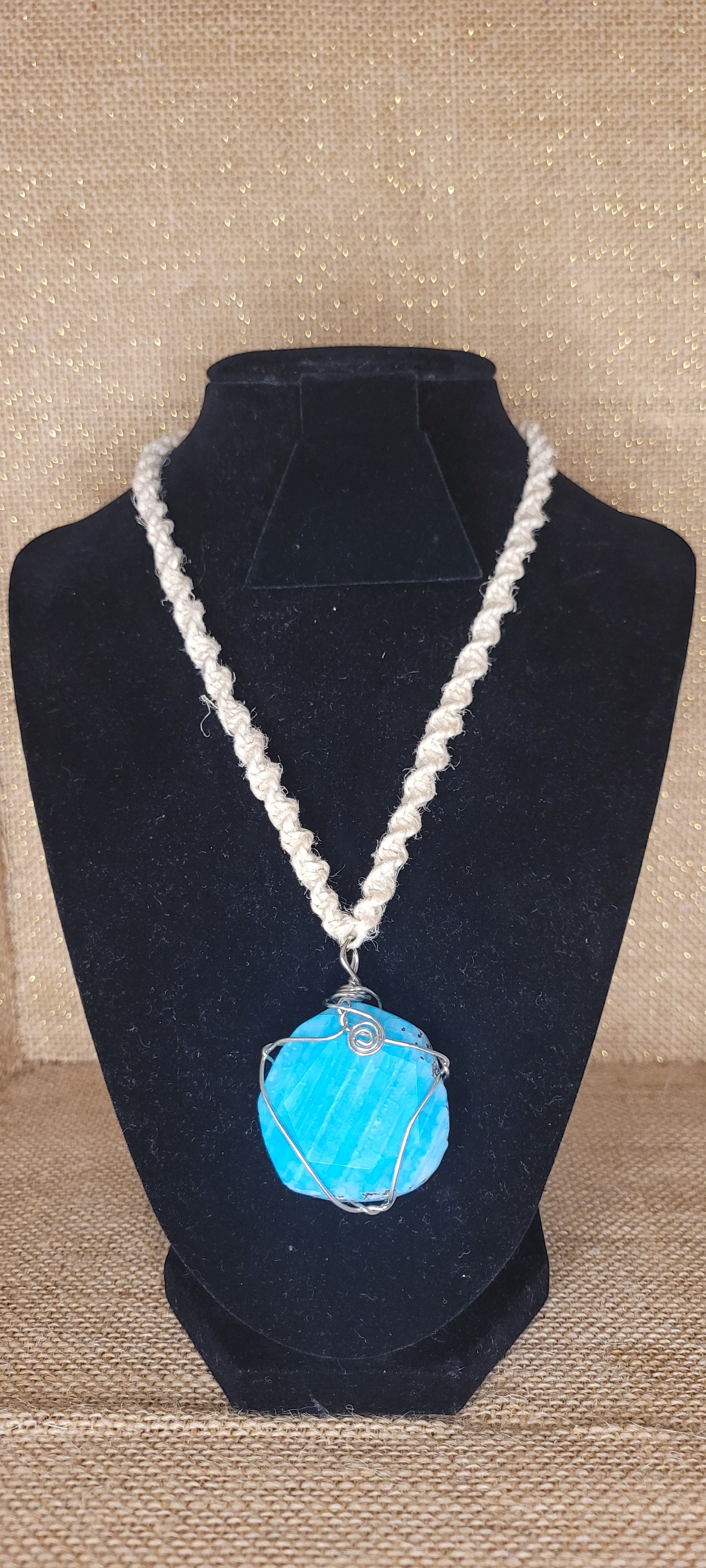Handwoven Hemp and Turquoise Wire-Wrapped Necklace