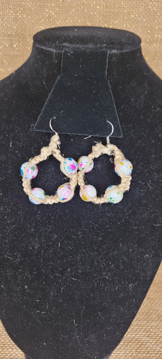 Handwoven Hemp Hoop Earrings with Confetti Glass Beads
