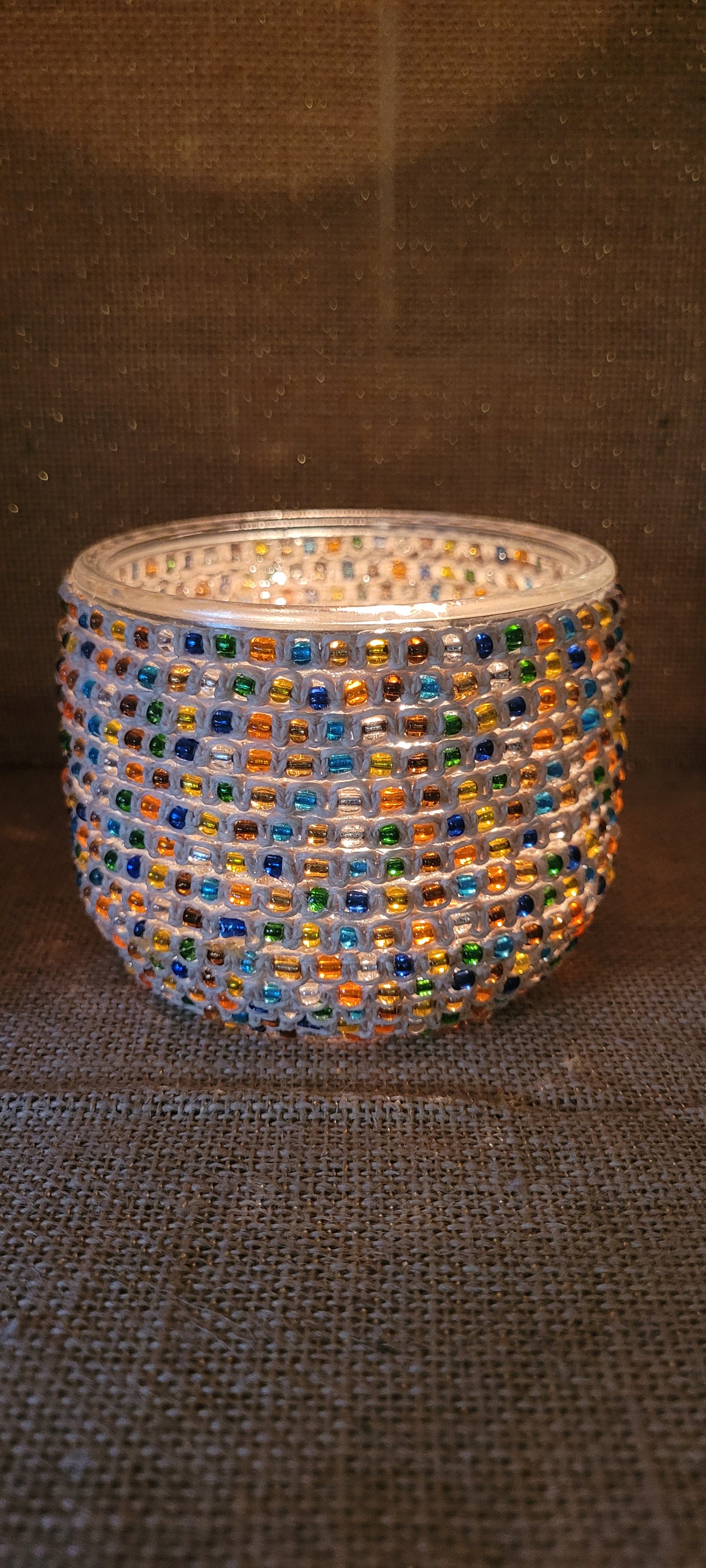 Artisanal Beaded Hemp Votive: Three-Wick Radiant Glassware