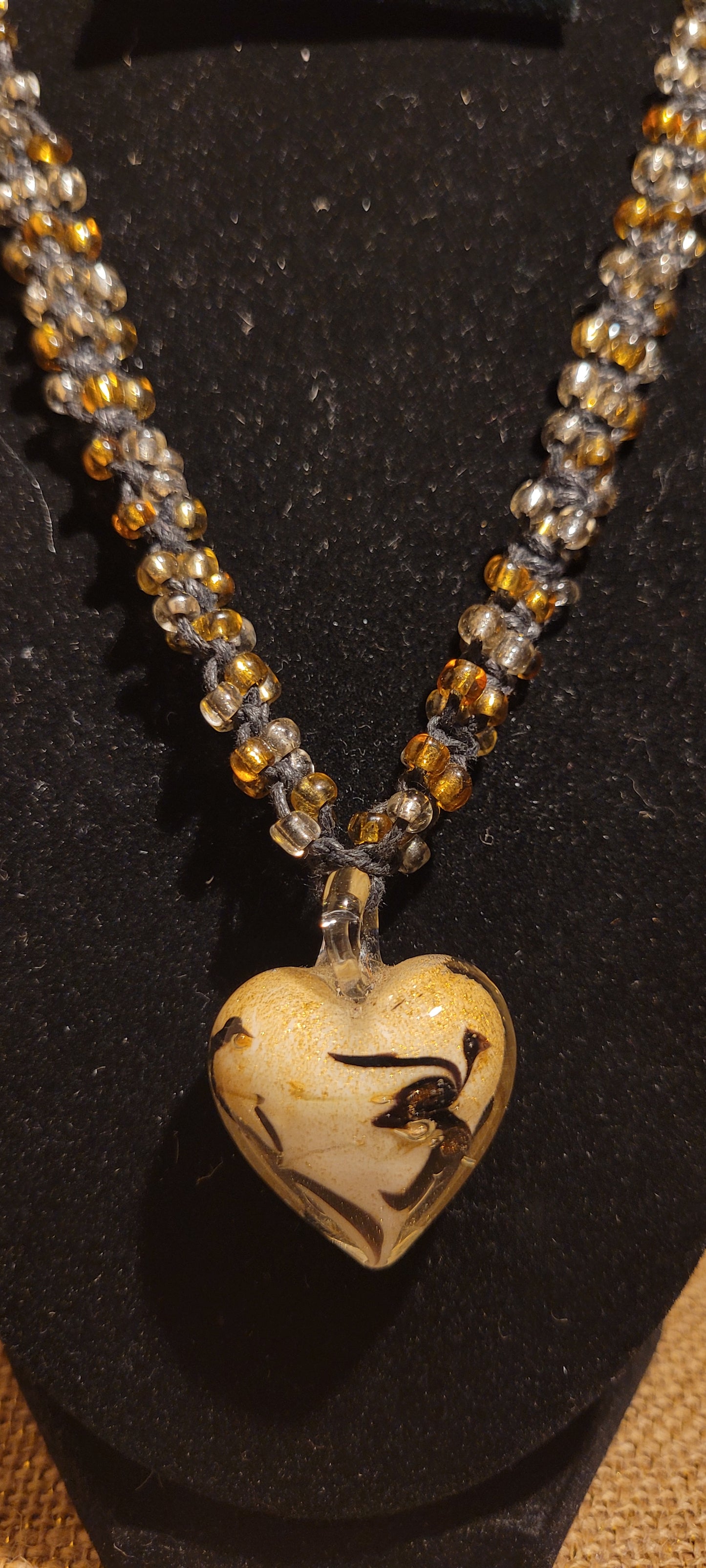 Artisanal Glass Heart & Hand-Woven Hemp Pendant Necklace