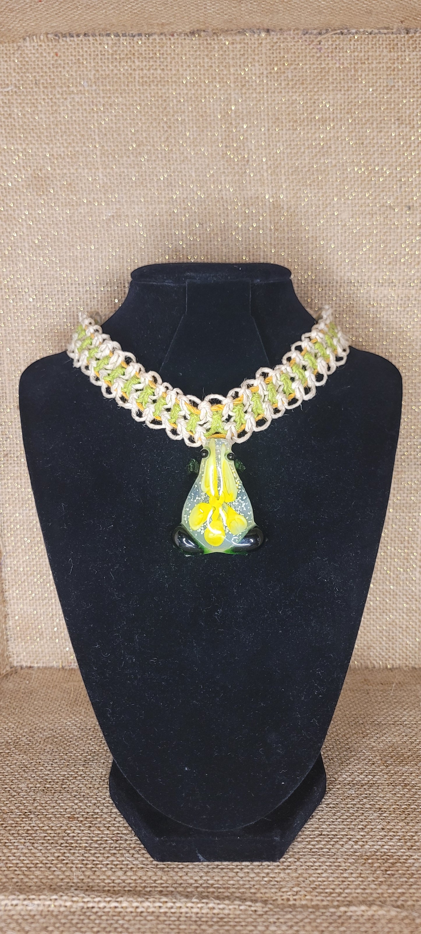 Handwoven Hemp Frog Pendant Choker