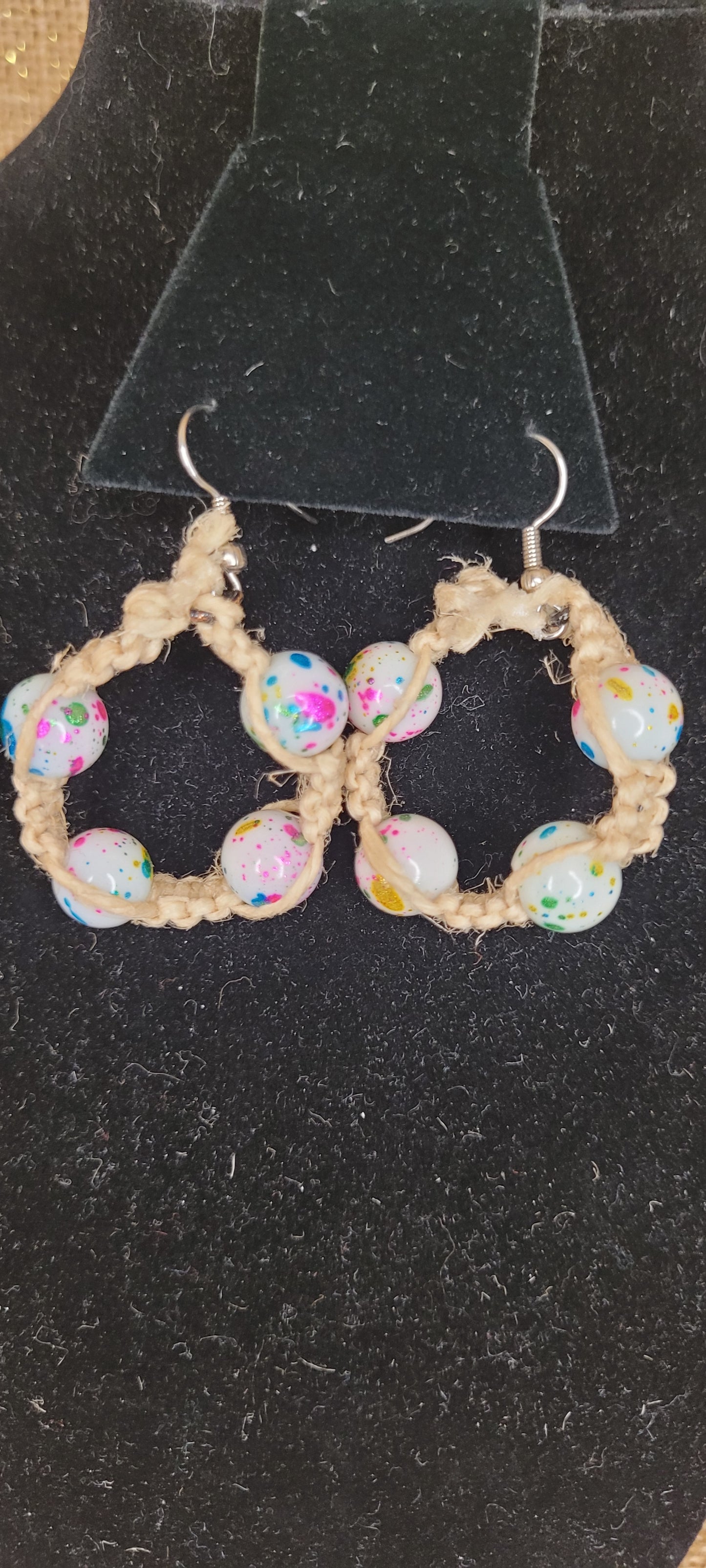 Handwoven Hemp Hoop Earrings with Confetti Glass Beads