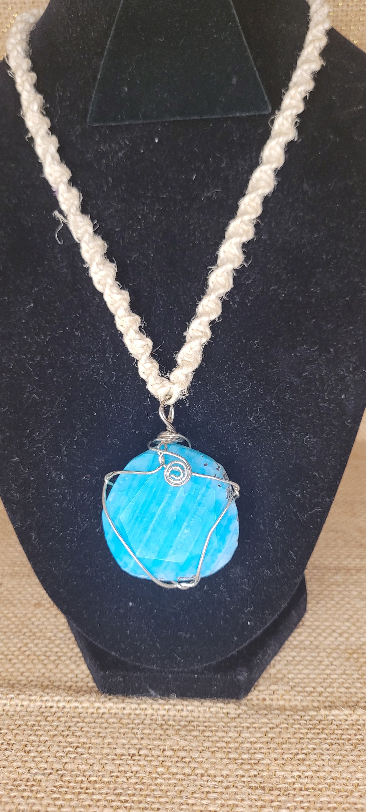 Handwoven Hemp and Turquoise Wire-Wrapped Necklace