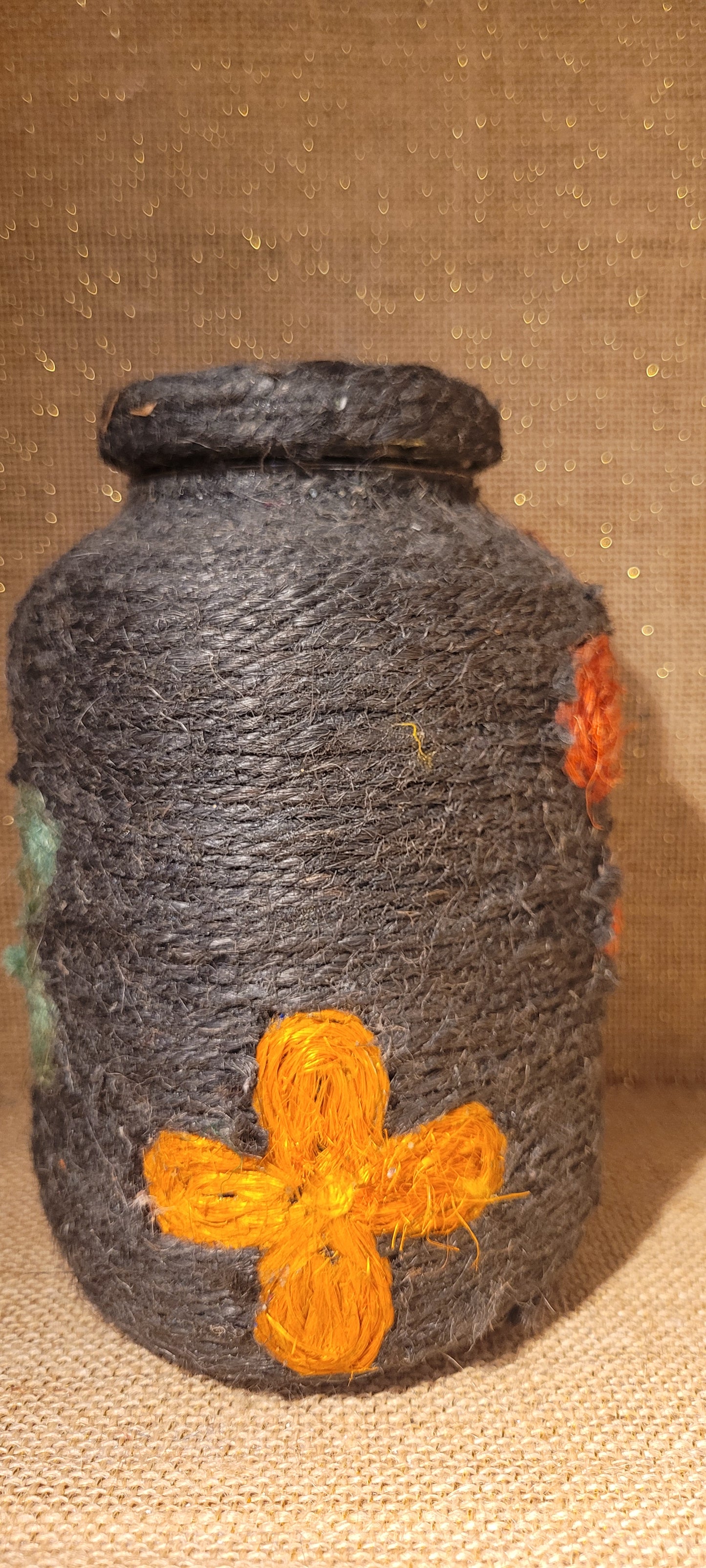 Hand-Wrapped Floral Jute Jar – Recycled Glass Decor