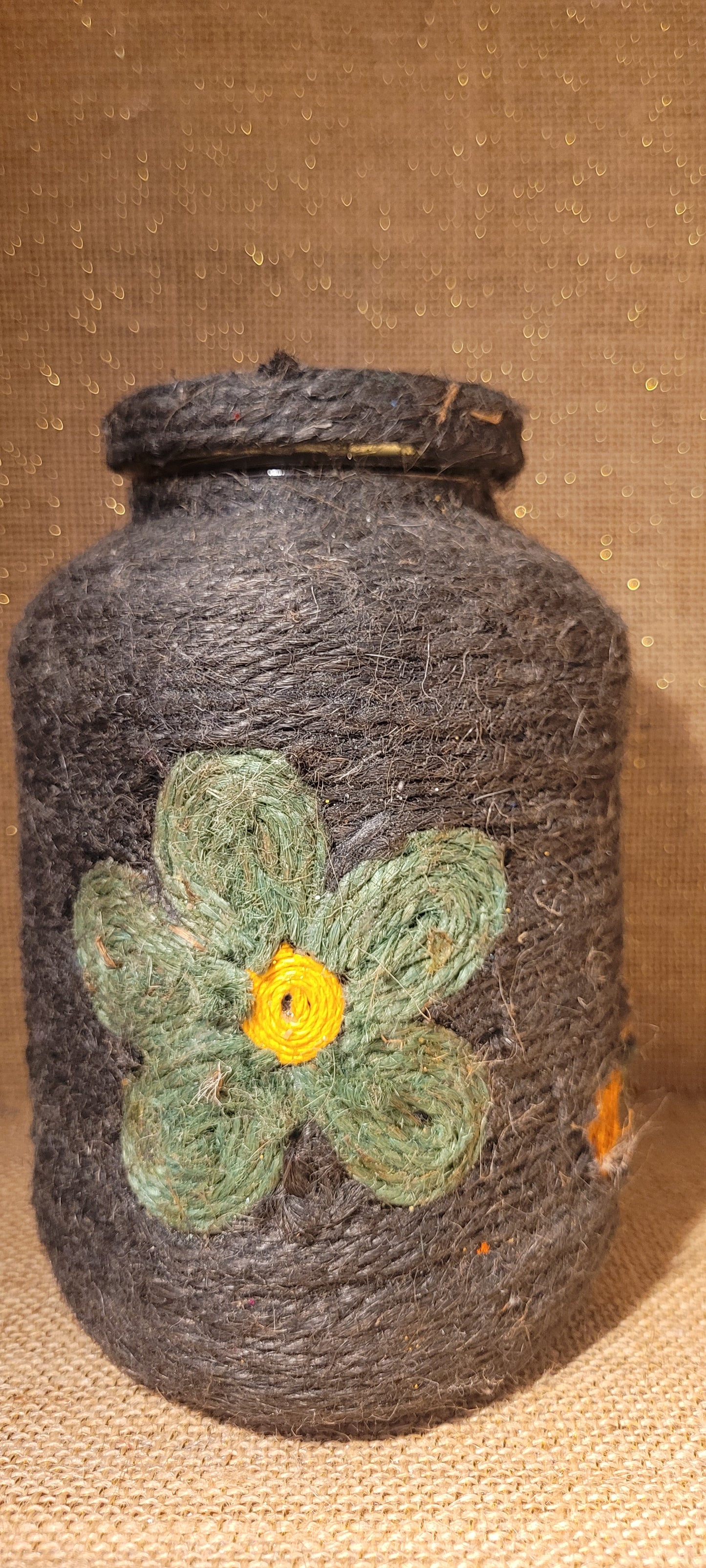 Hand-Wrapped Floral Jute Jar – Recycled Glass Decor