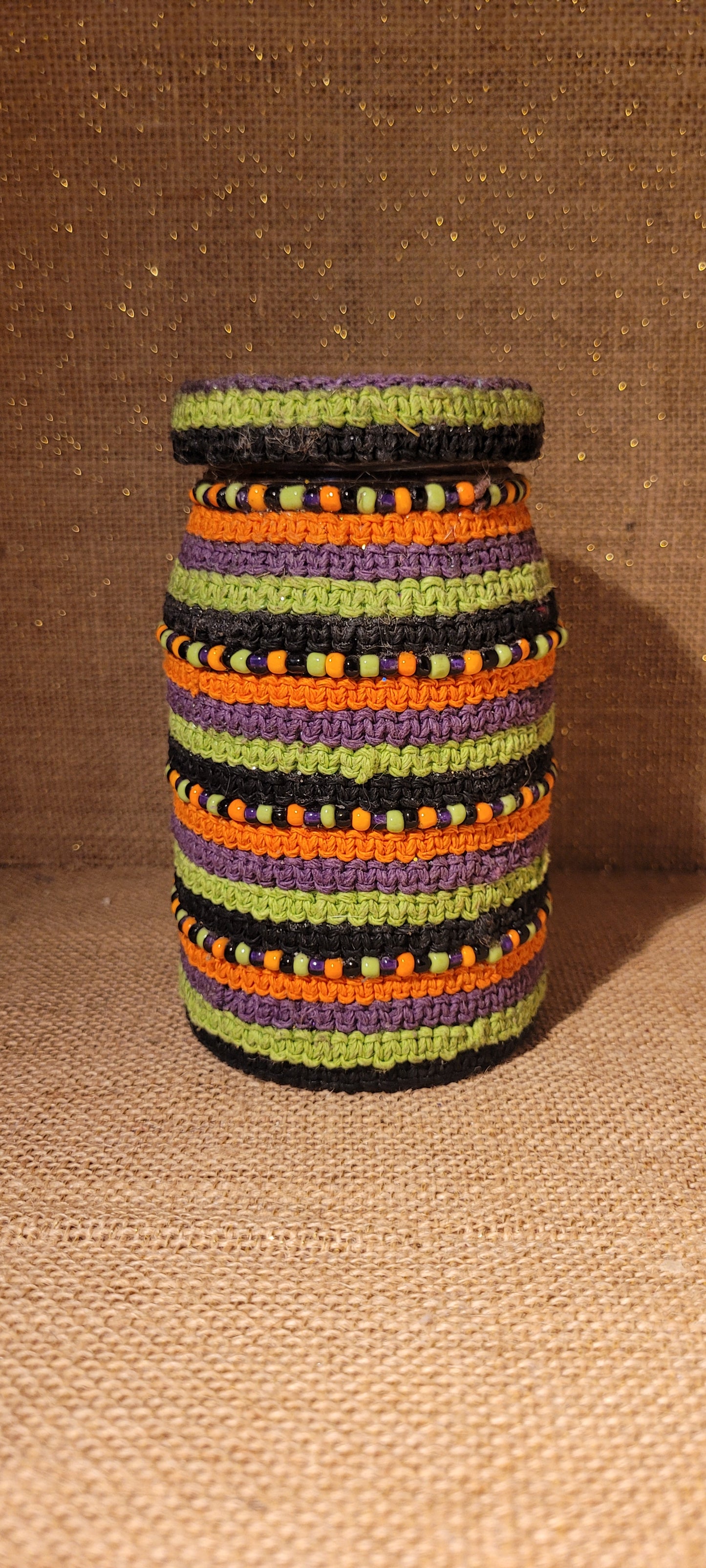 Hand-Woven Hemp Jar with Colorful Bead Accents – Recycled Glass Decor