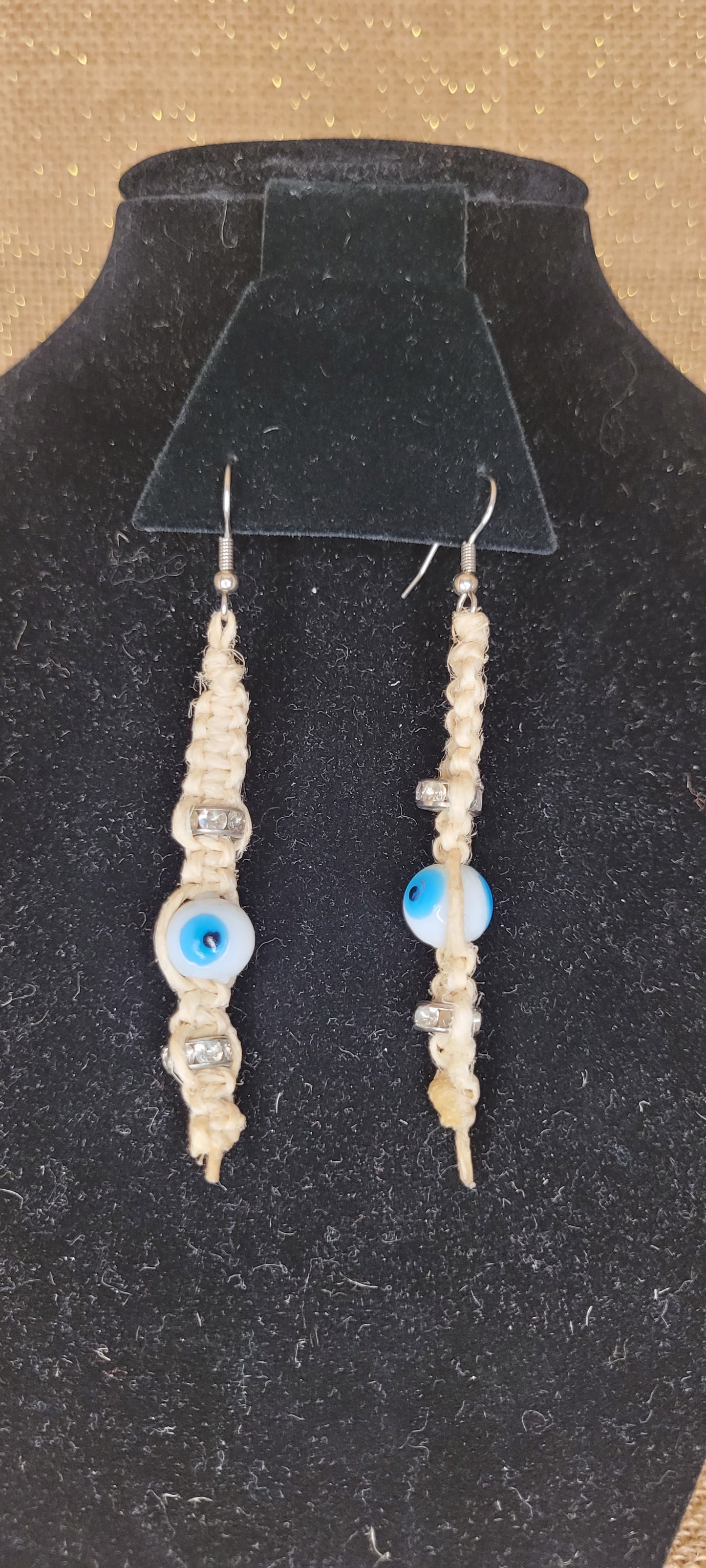 Handcrafted Evil Eye Macramé Hemp Dangle Earrings