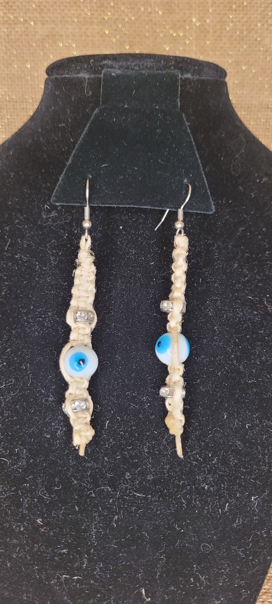 Handcrafted Evil Eye Macramé Hemp Dangle Earrings