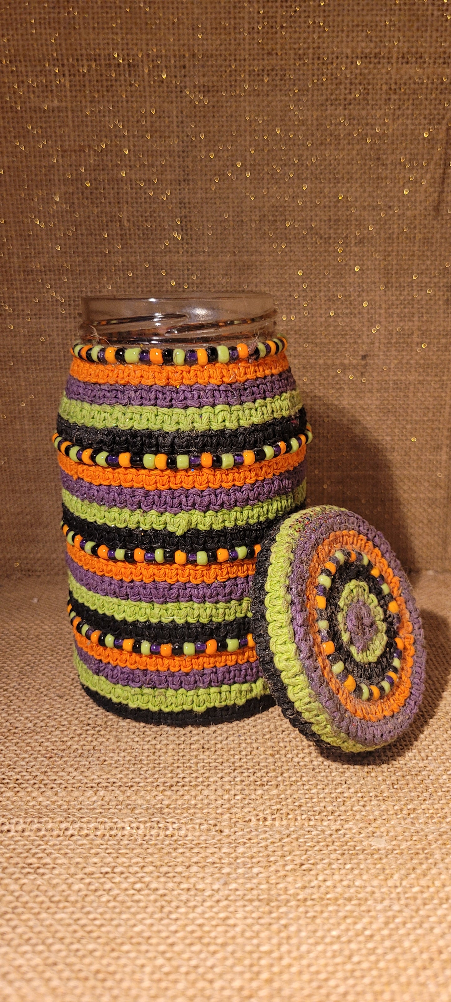 Hand-Woven Hemp Jar with Colorful Bead Accents – Recycled Glass Decor